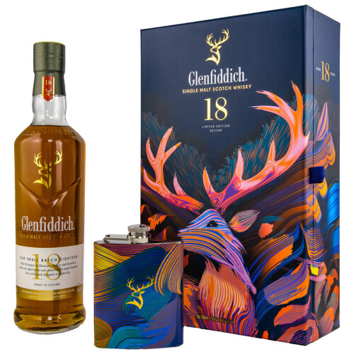 Glenfiddich 18 Jahre Geschenkset Limited Design + Flachmann | Schottischer Whisky | Speyside Single Malt 40% 0.7l