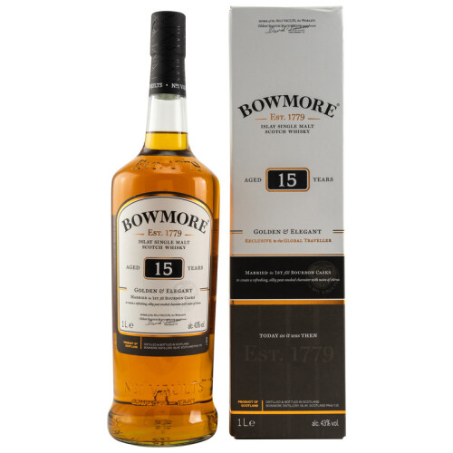 Bowmore 15 Jahre Golden & Elegant | Schottischer Whisky | Islay Single Malt | Rauchig - Torfig - 43% 1 Liter