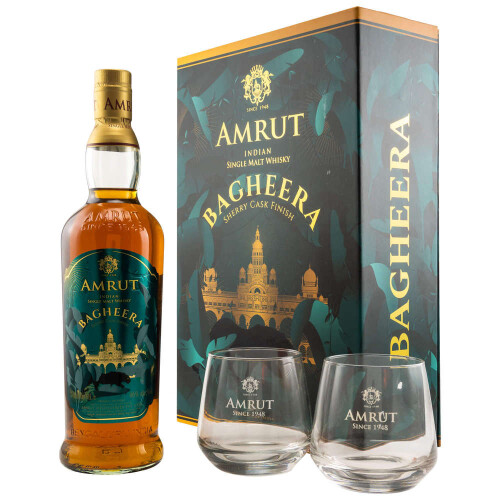 Amrut Bagheera Set mit 2 Gl&auml;ser Indischer Whisky 46% - 0.70l